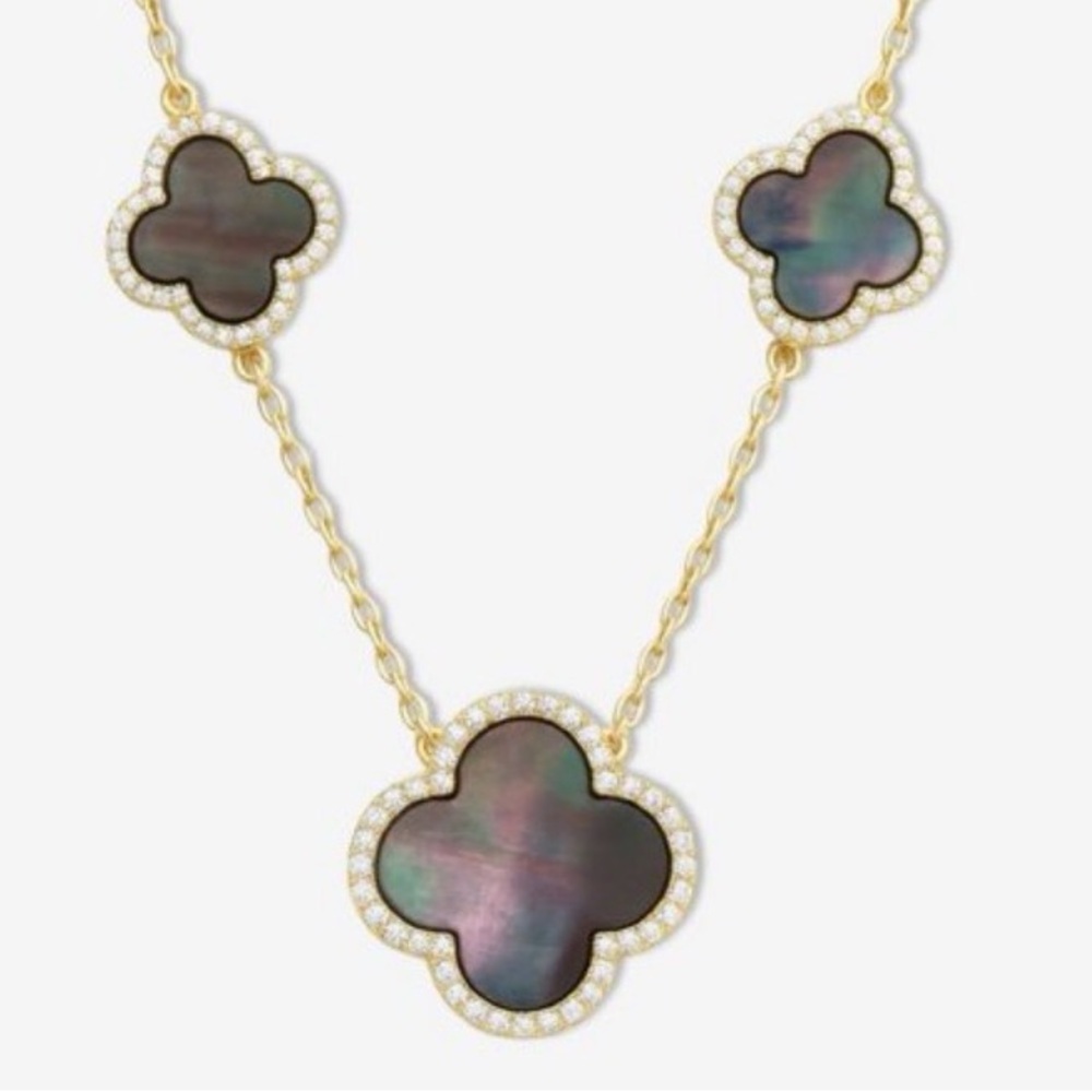 Stella Rose London Black Mother of Pearl Clover Necklace Gold Plated Crystal Pav